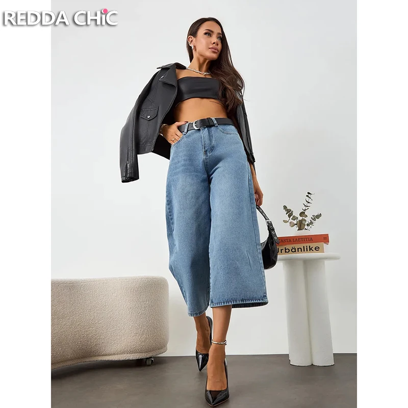 

ReddaChic Vintage Whiskers Jeans Jorts Loose Fit Casual Solid Wide Leg High Rise Bermuda Short Pants Summer New Women Streetwear