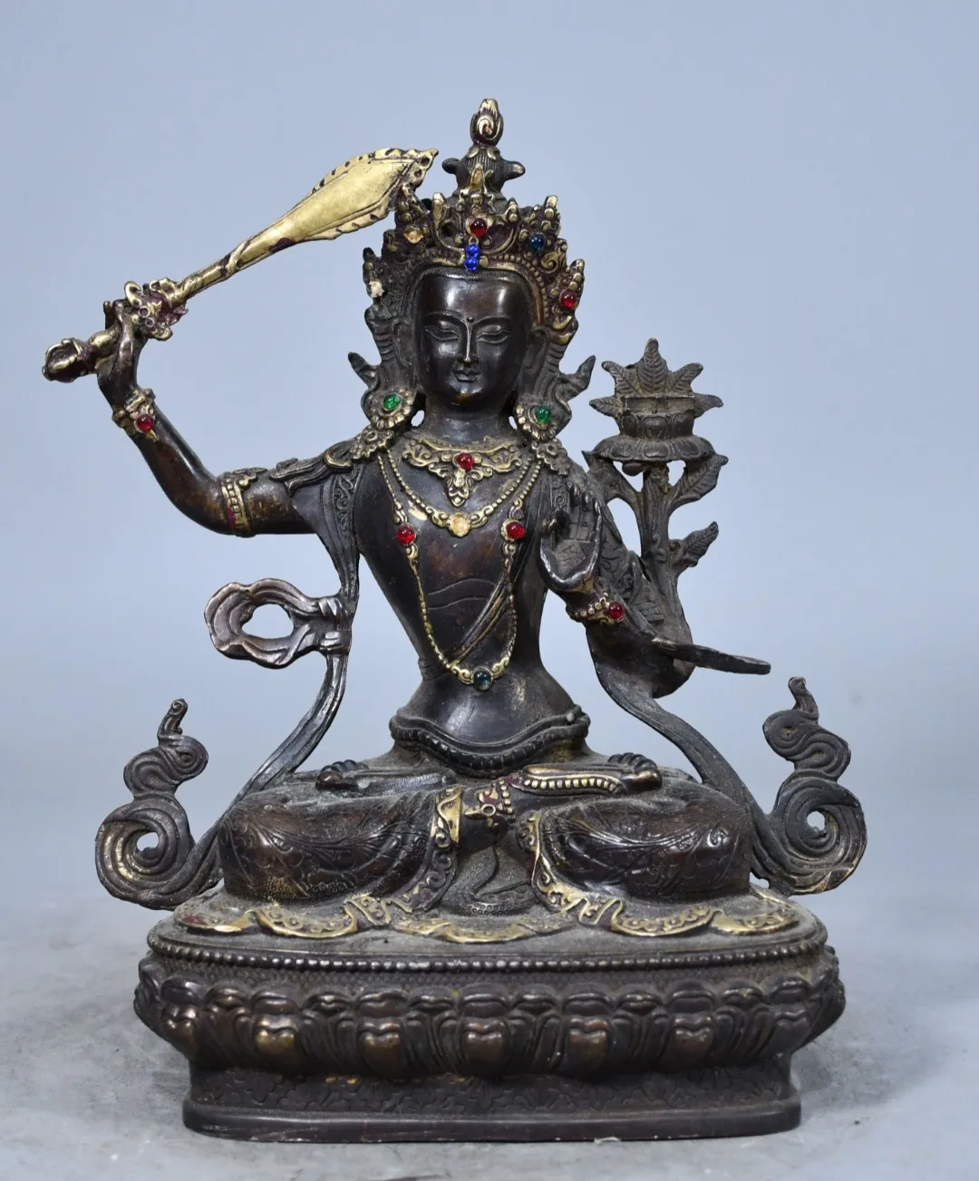 Tibetan brass antique gilt inlaid with gemstones, sword lifted, Manjushri, Guanyin Bodhisattva, Tara Buddha statue ornament, hom