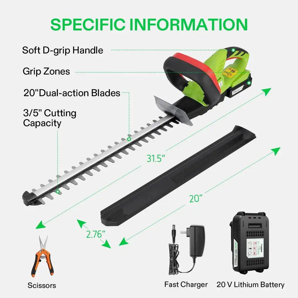 20" Cordless Hedge Trimmer 20V Electric Bush Cutter Laser Blade 1400 RPM Dual-Action Trimmer with Removable Battery & Portable