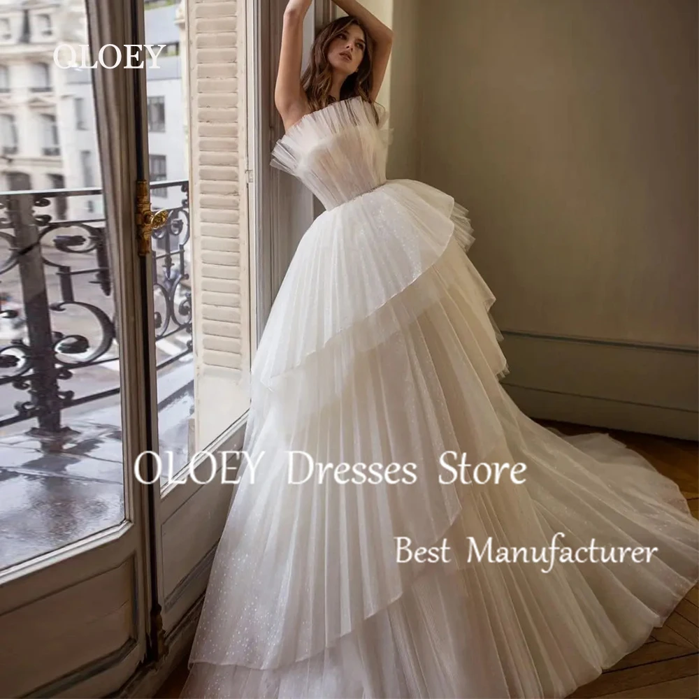 Oloey-ストラップレスフラウンスウェディングドレス,地面の長さ,ストラップレスドレス,イブニングドレス,花嫁,真っ白