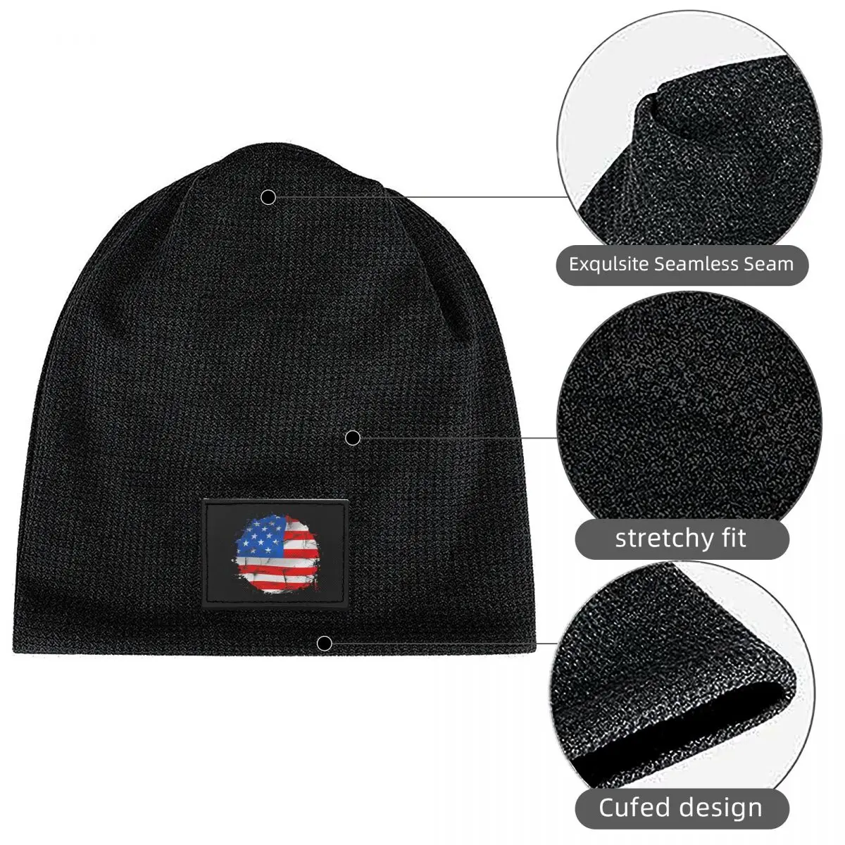 USA America American Flag Waffle Knit Fleece Lined Beanie with PU Leather Patch Unisex Warm Winter Soft Cap