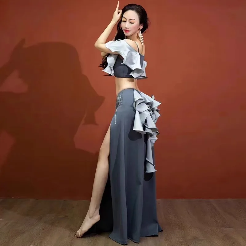customized bellydancewear performance Practice set with lotus leaf rhinestones chest cotton suspender top double slit long skirt