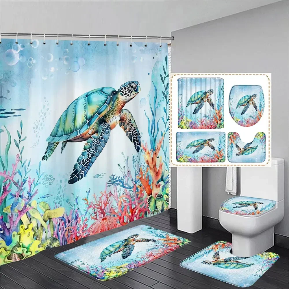 Watercolour Turtle Shower Curtain Rug Bathroom Decor Set Beautiful Colourful Coral Seagrass Hanging Curtains Bath Mat Toilet Mat