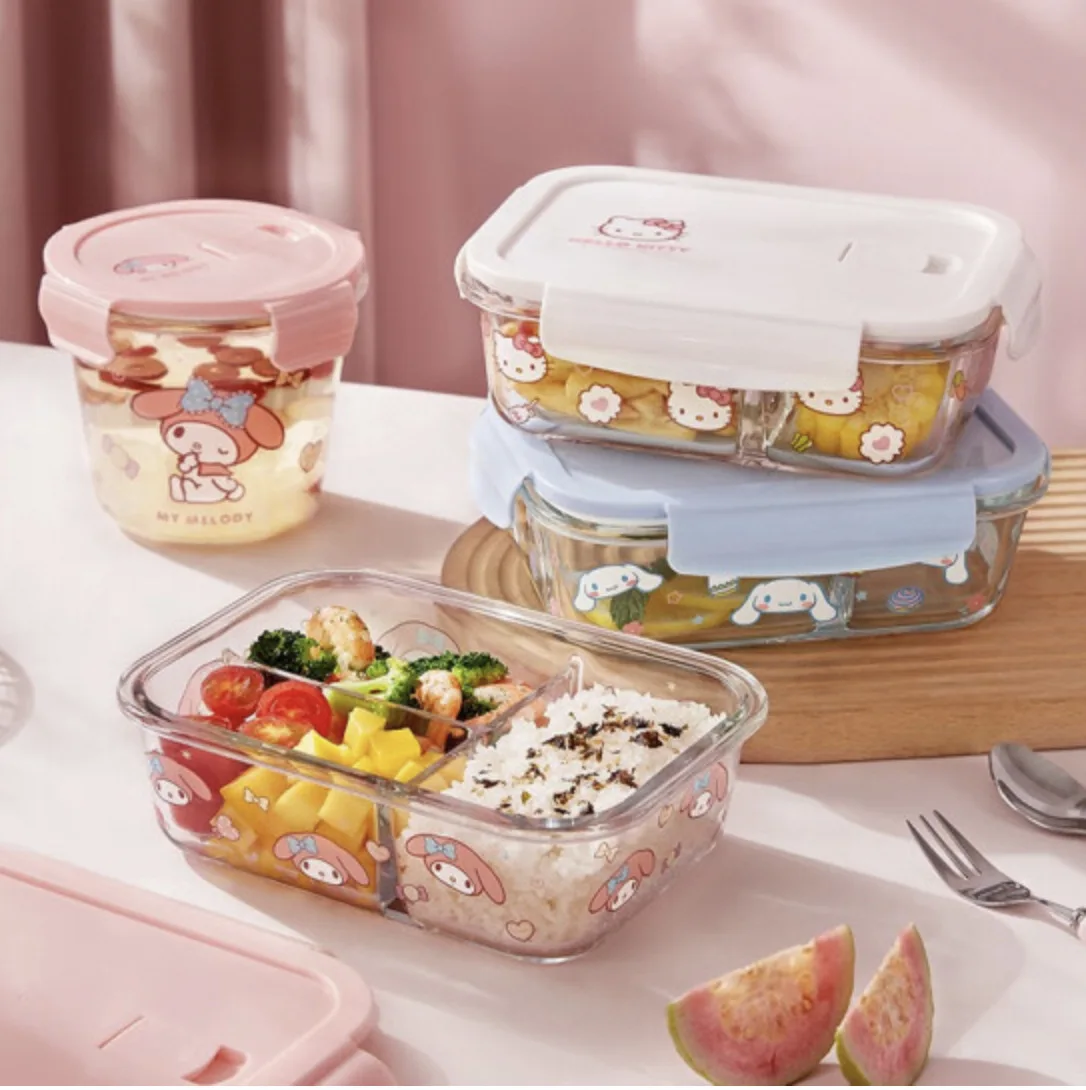 

MINISO Sanrio Cartoon Glass Bowl Lunch Box Office Fresh Bowl Work Portable Rectangle Divider Lunch Box with Lid