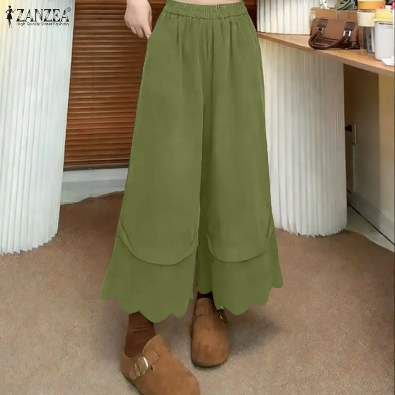 

Женские модные брюки ZANZEA с высокой талией, повседневные плиссированные брюки с карманами, однотонные широкие брюки, летние свободные элегантные офисные брюки 2026