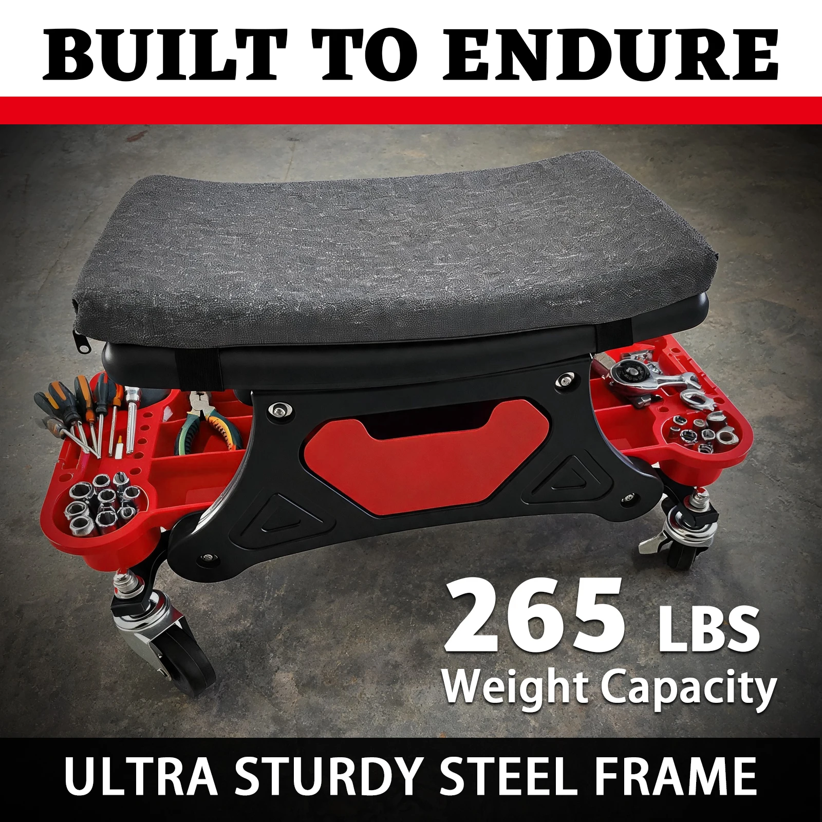 BHB Mechanic Stool Garage Stool, Heavy Duty Rolling Mechanics Seat, with Three Slide Out Tool Trays and Drawer