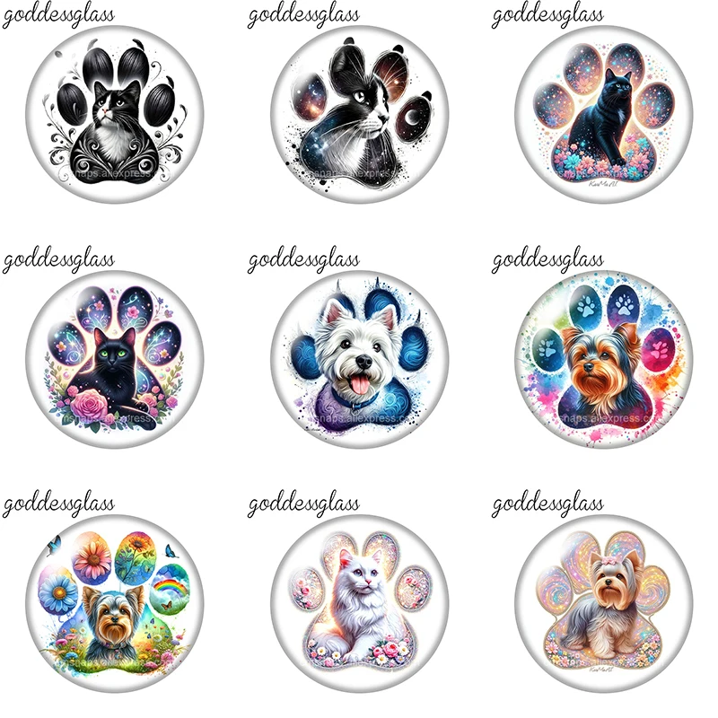 Footprint style Cat Dog Love Pets 10pcs 12mm/18mm/20mm/25mm Round photo glass cabochon flat back Making findings snap buttons