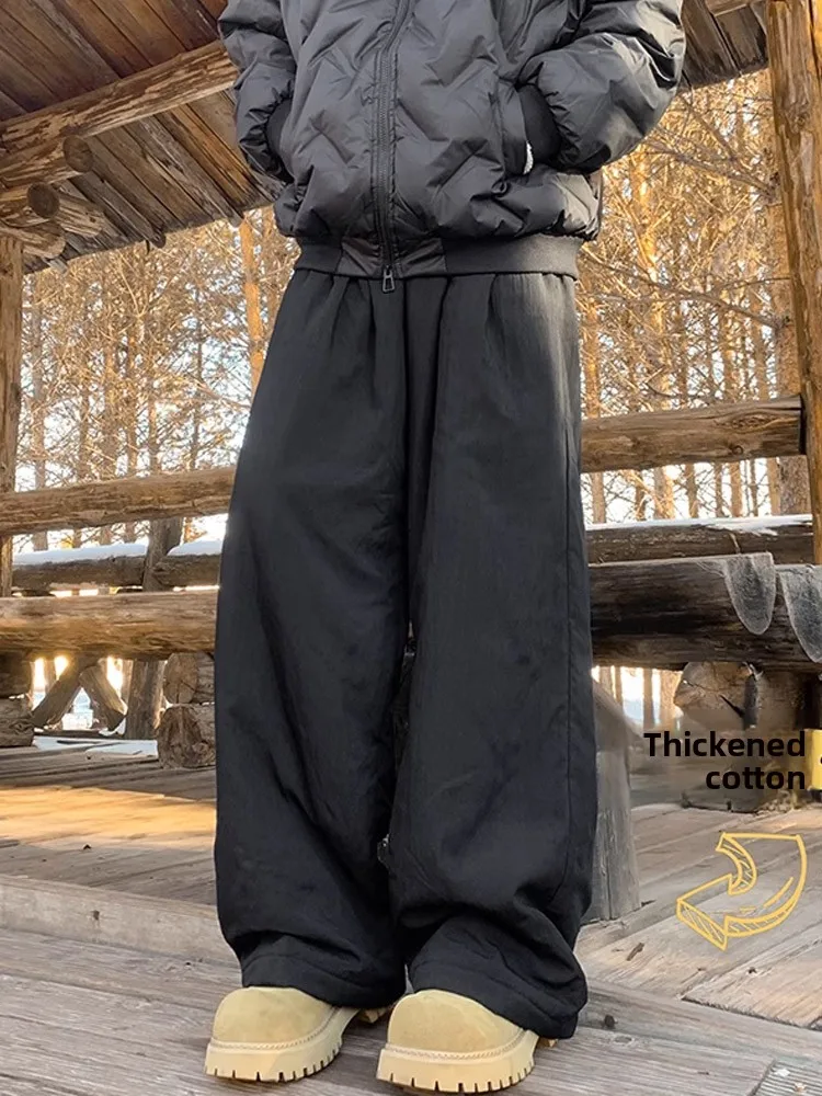 

Men's Winter Thiened Fce Lined Wide Leg Casual Pants Northeast Cold Resistant down Cotton Trousers Straight Loose Fit