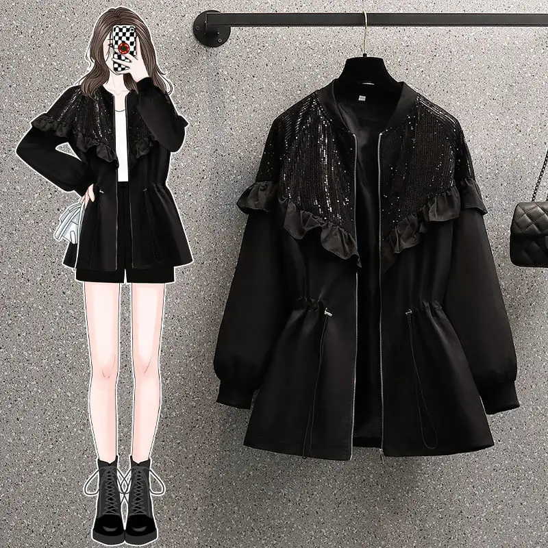 

2022 New Women Jacket Spring Autumn Korean Loose Female Windbreaker Fashion Sequins Casual Outwear Basic Coat With Belt Black