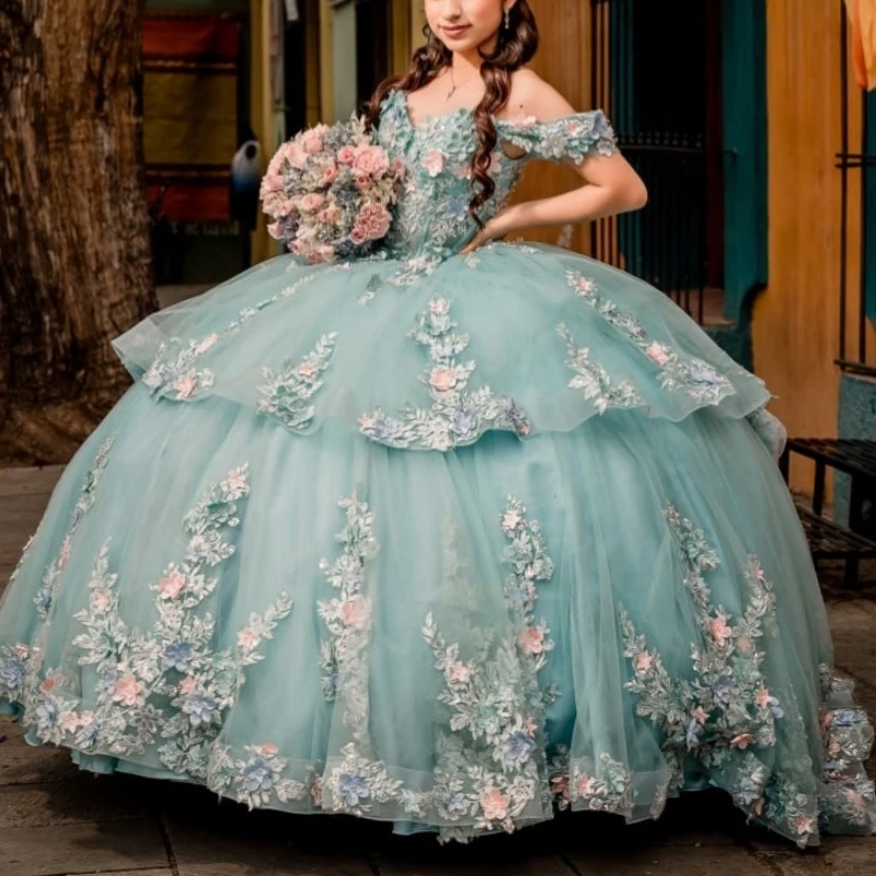 

Aqua Blue Shiny Ball Gown Quinceanera Dresses Applique Flower Beading Crystal Tull Corset Off Shoulder Sweet 16 Dress Vestidos