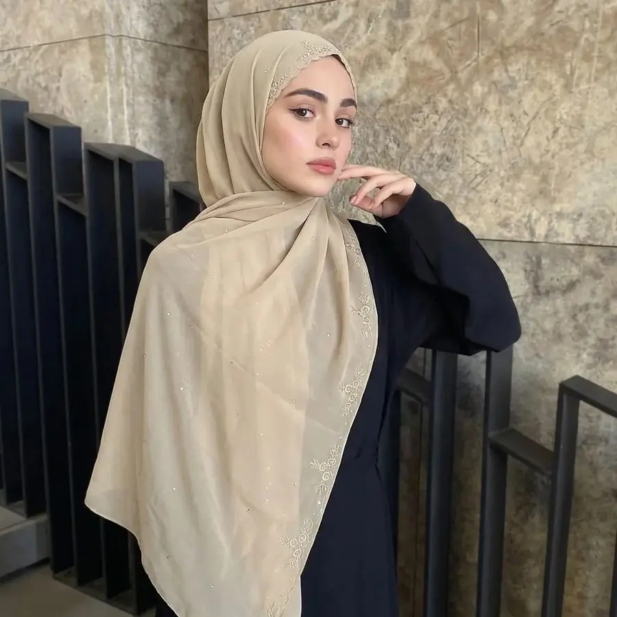 

Модный мусульманский хиджаб с камнями, однотонная шифоновая шаль, женская вышитая исламская повязка на голову, тюрбан, 180*70 см