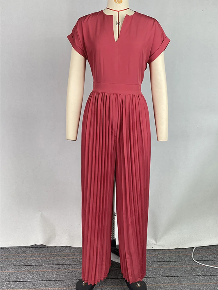 Modische Overalls mit V-Ausschnitt, plissiert, Damen-Overalls, urban, locker, hohe Taille, geteiltes Gelenk, Schwarz, Rot, elegantes Damen-Büro-Kleidungsset