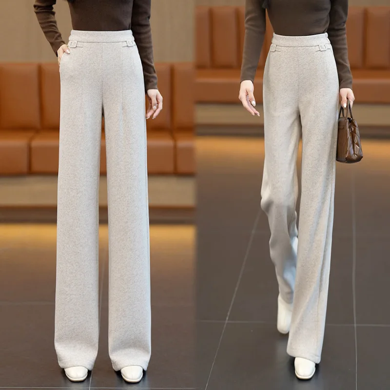 여성을 위한 패션 트렌드 다용도 울 와이드 레그 팬츠, 새로운 가을 및 겨울 스타일, 우아한 출퇴근용 하이웨이스트 슬림핏