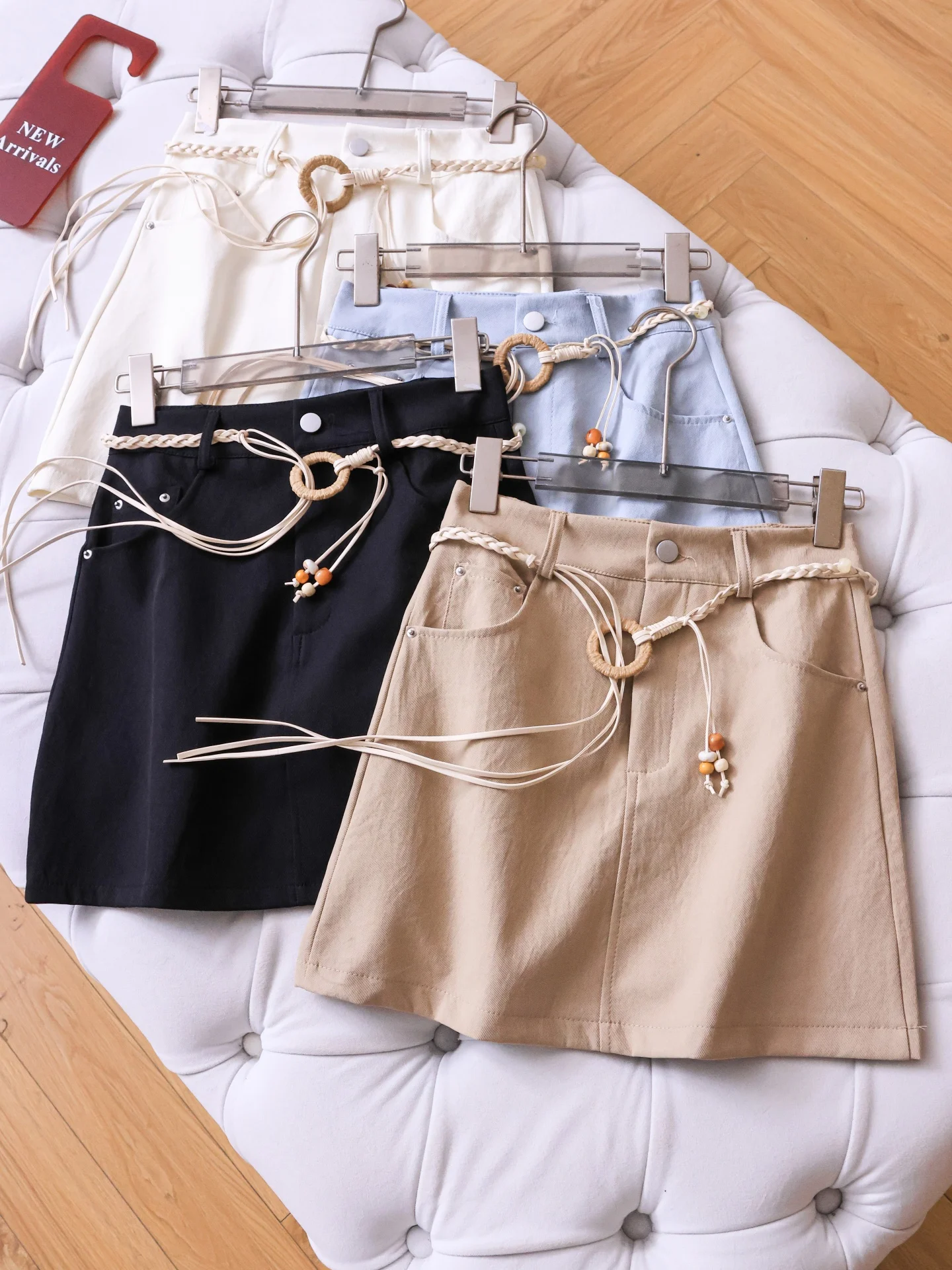 

High Waist A-Line Skirt Pure Color Belt Decorated Commute Versatile Short Skirt Spring 2026 Polyester Fiber Ladies Skirt