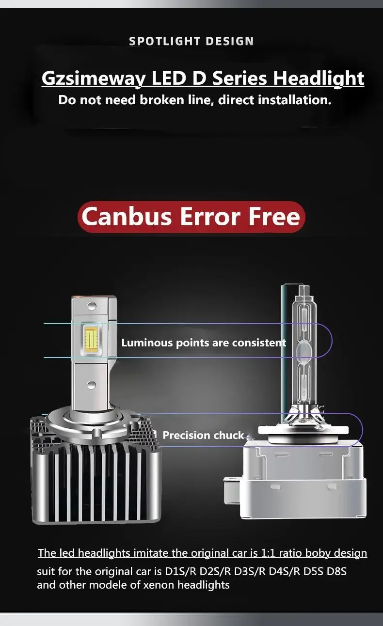 سيارة المصابيح الأمامية 2 قطعة Canbus D5S Led السيارات لمبة D1S D2S D3S D2R D8S D4S D4R 70 واط 17200LM 6000 كيلو الأبيض التوصيل اللعب #2