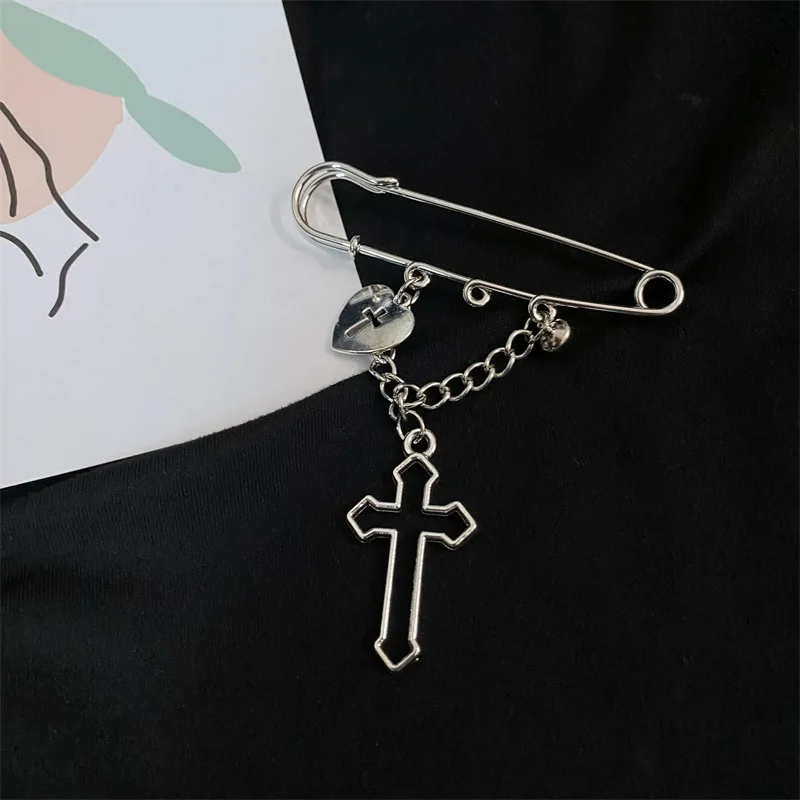 Y2K Silver Color Chain Brooch for Men Women Tassel Vintage Cross Brooches Punk Stay Gothic Harajuku Streetwear Jewelry