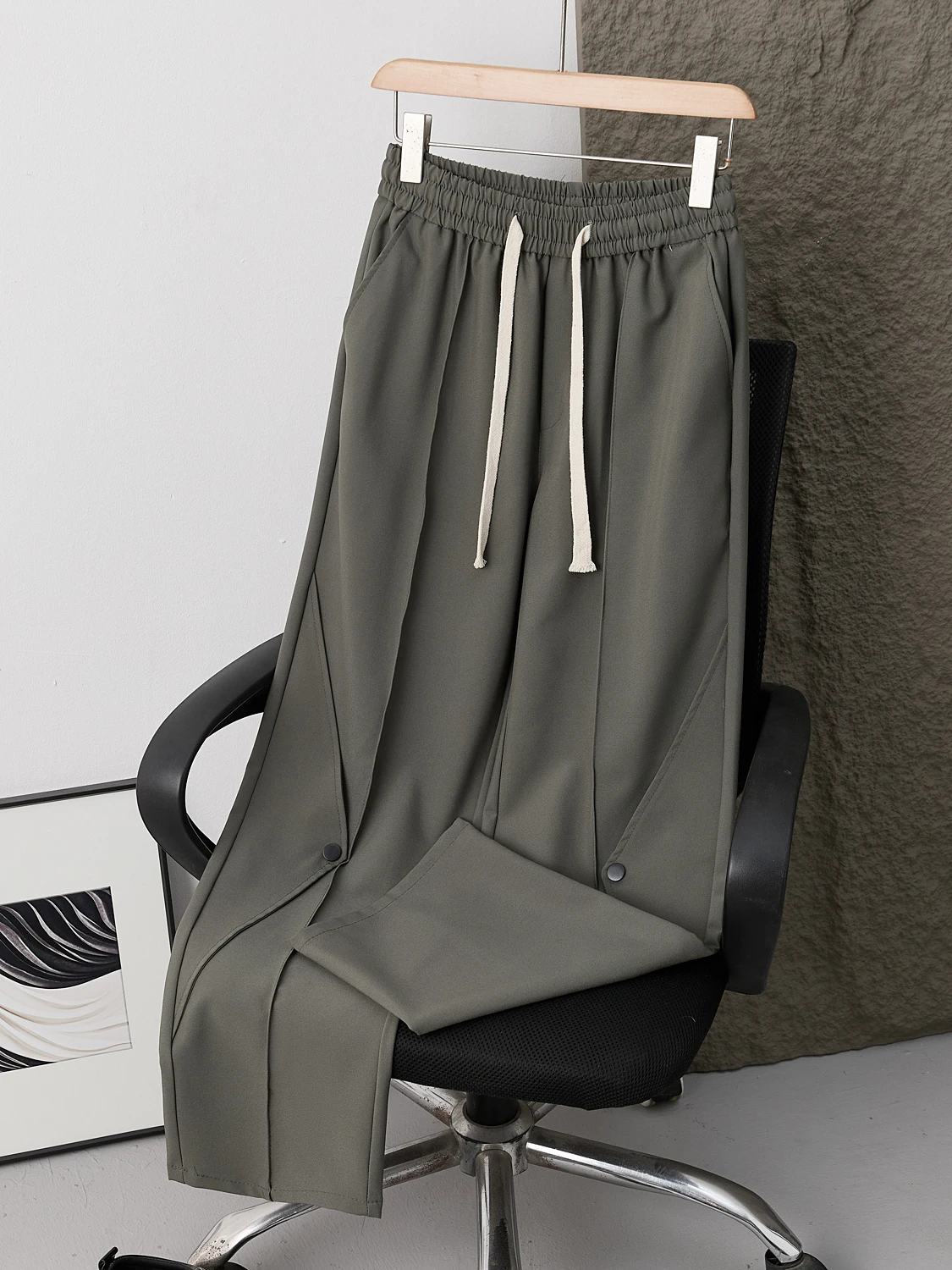 Men's Spring Straight Leg Elastic Waist Dstring Casual Pants High-End Drape Busin Long Trousers Patchwork Button Pants
