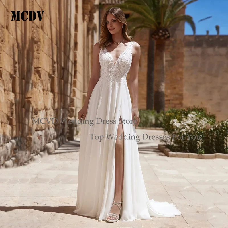 

MCDV 2025 Boho Wedding Dresses Spaghetti Strap Lace V Neck Sexy Slit A Line Bridal Gown Backless Tulle Brides Dresses Customized