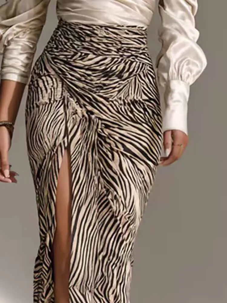 

Сексуальный топ с поклонным воротником и длинными рукавами + юбка с запахом на бедрах, модный костюм в полоску с высокой талией и принтом, элегантный темпераментный наряд для вечеринки