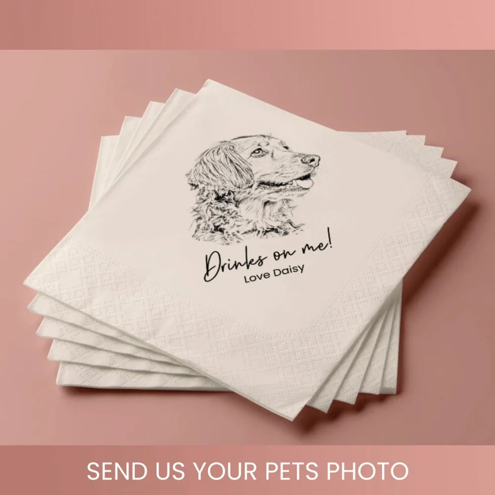 50Custom Pet Sketch Cocktail Napkins,Pencil Sketch Portrait from Photo,Dog Wedding Napkins,Pet Portrait Wedding Favors,Pet love