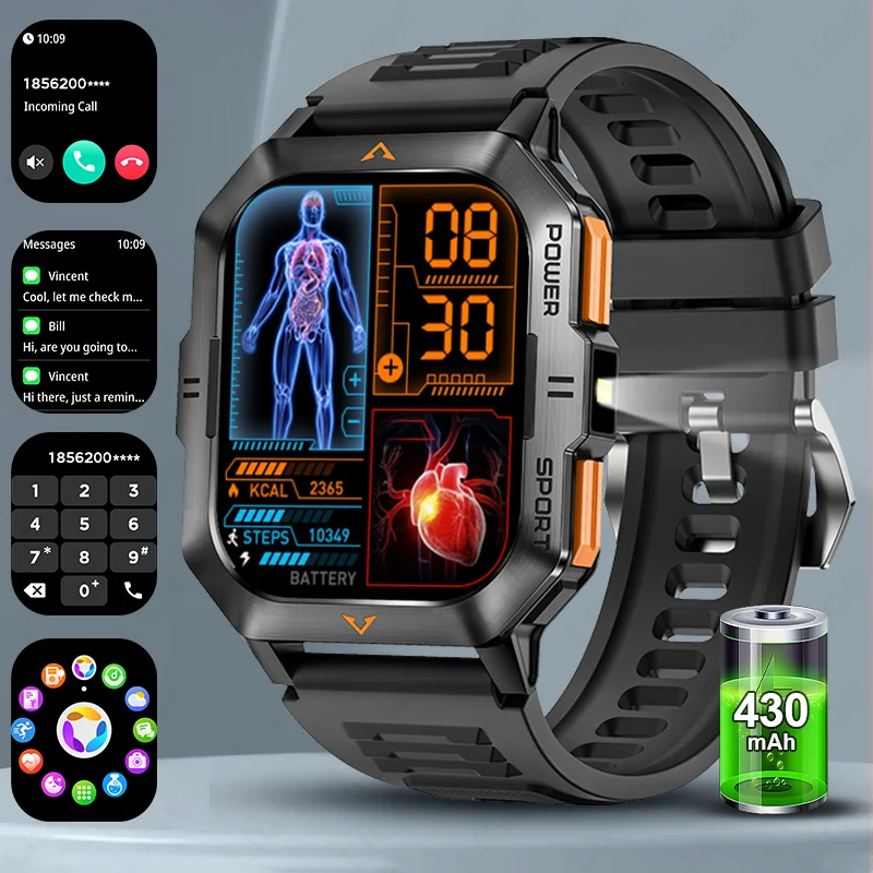 

LIGE New Smart Watch Men Flashlight 2.01'' HD Outdoor Sports Watches Waterproof 430mAh Bluetooth Call Smartwatch For Android IOS