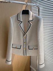 Autumn Vintage Women Y2k Tweed Jacket Korean Temperament Slim Fit Outwear Patchwork Fashion Coat Single Breasted Elegant Tops