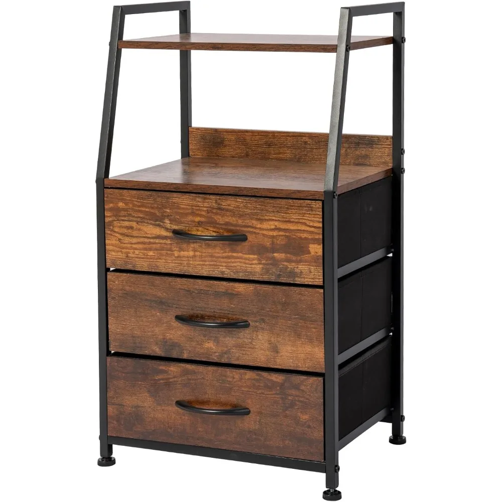 

Night Stand W 3 Drawer and 2-Tier Display Shelf,Rustic Brown Dresser for Bedroom,Skinny Nightstand with Fabric Bins for Hallway