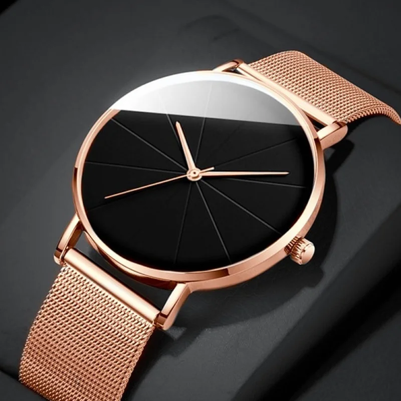 

Casual Round Pointer Quartz Watch Large Geo Dial Analog Mesh Strap Wristwatch For Women Men