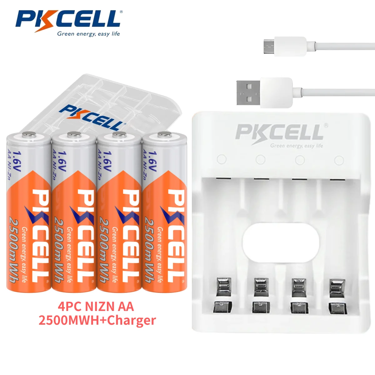 

PKCELL AA Rechargeable Batteries 1.6V NI-ZN 2500Mwh AA Battery high voltage with Ni-Zn Battery Charger for Camera, flashlight