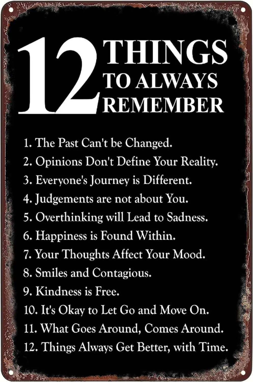 Q1, letrero de estaño de Metal, 12 cosas para recordar siempre, póster Retro, cafetería, Bar, gimnasio, sala de estar, baño, cocina, decoración artística de pared para el hogar P