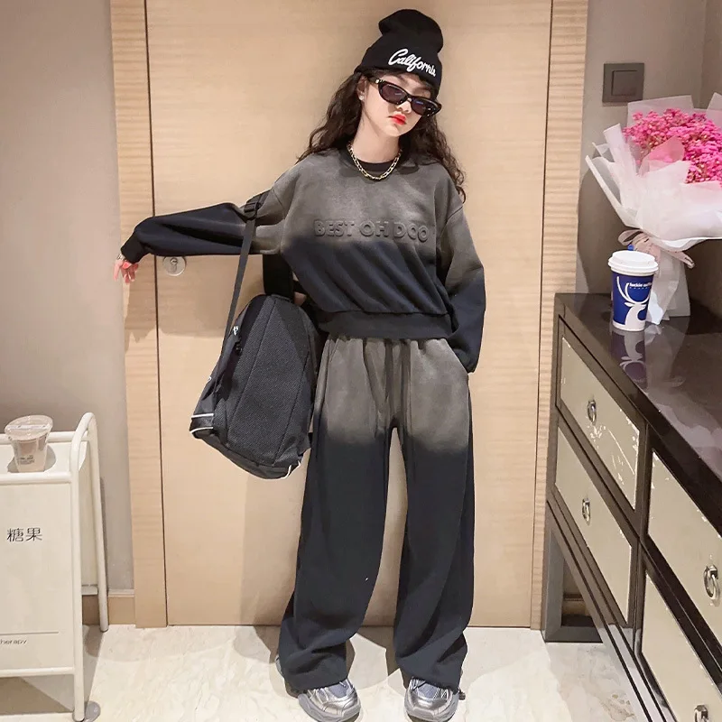 New Girls Contrast Tie Dye Alphabet Sweatshirt+Drawstring Sweatpant Sets School Kids 2PC Tracksuit Children Jogging Outfits  123