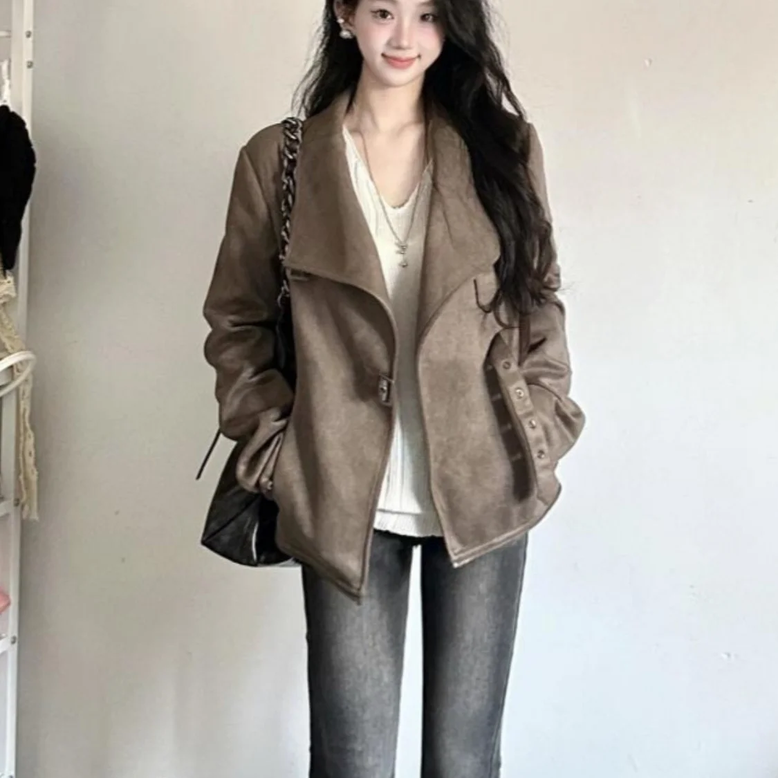 American Style Suede Jacket Women's Spring Autumn New Large Collar Atmosphere Sense Slimming Motorcycle Short Outerwear