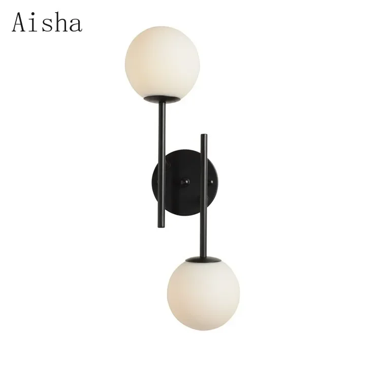 

Modern Double Head Milk White Ball Glass Wall Lamp Gold/Black Study Bedhead Wall Sconces for Home Corridor Background Wall Light