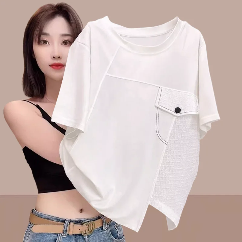 Niche Zwarte Top Dameskleding Nieuwe High-end Straat Dameskleding Dames Losse Schouder T-shirt met korte mouwen