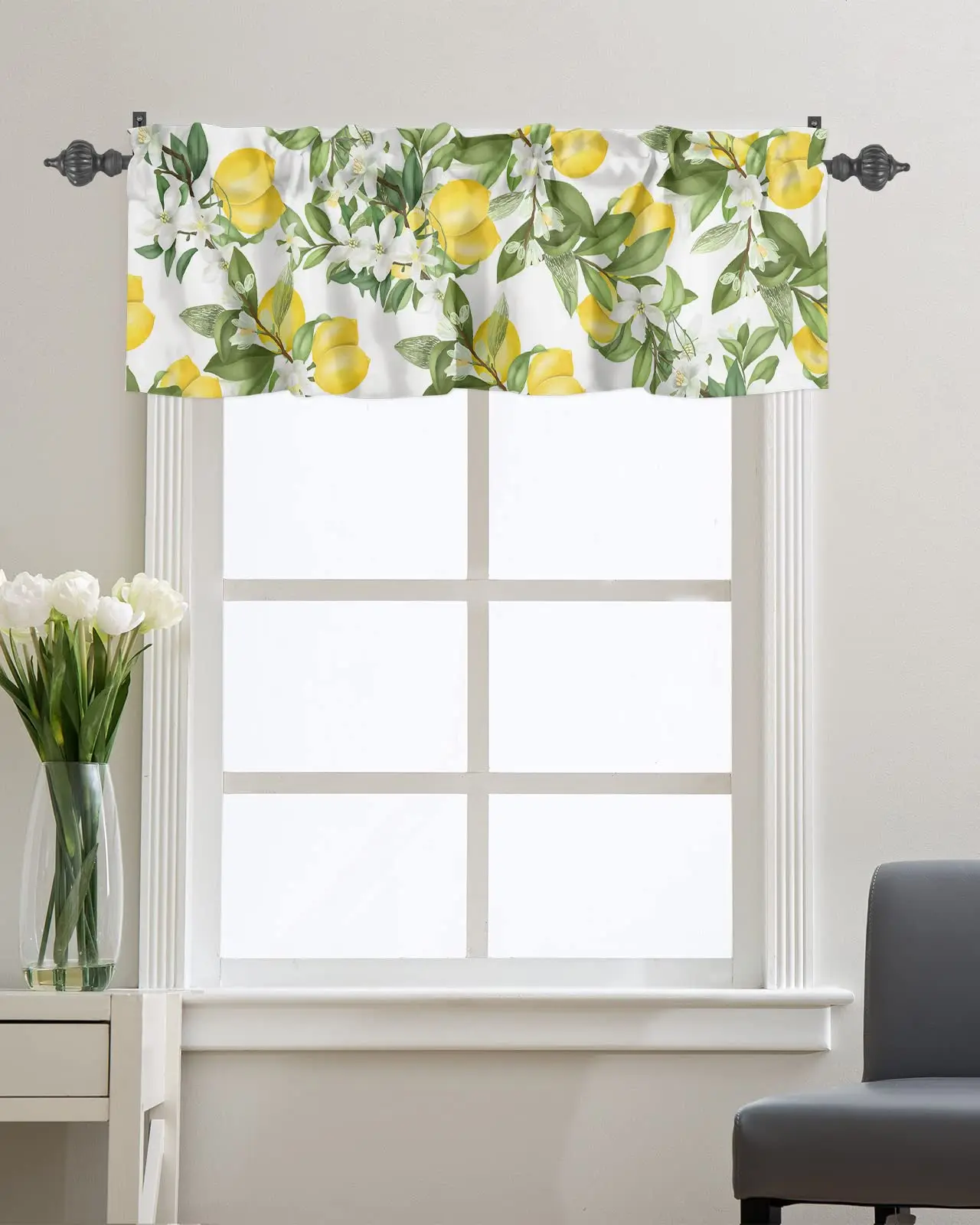 Summer Lemon Flower Window Valance,Farm Fruit Green Leaf Short Curtain Toppers Window Treatment for Bedroom Bathroom