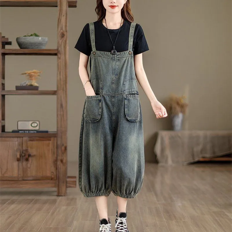 

Cowboy Cropped Suspender Pants for Women Summer Loose Camisole Jumpsuit Wide Leg Lantern Jeans Vintage Denim Trousers Female