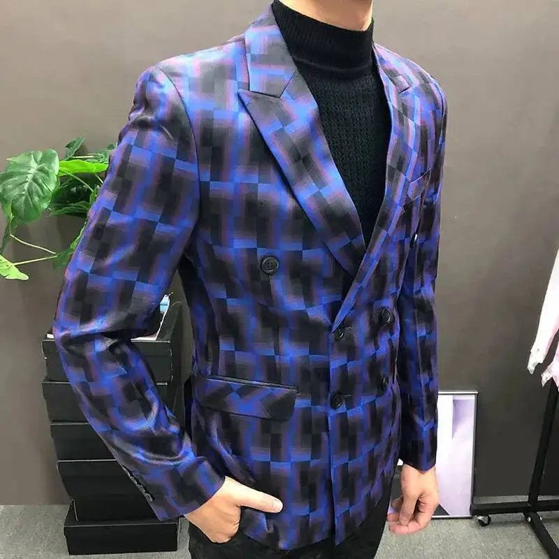 Casual Vintage Masculino Daily Blazer Slim Hombre Chemish Homme Retro Color Contrast Lattice Men Blazer British Suit Jacket