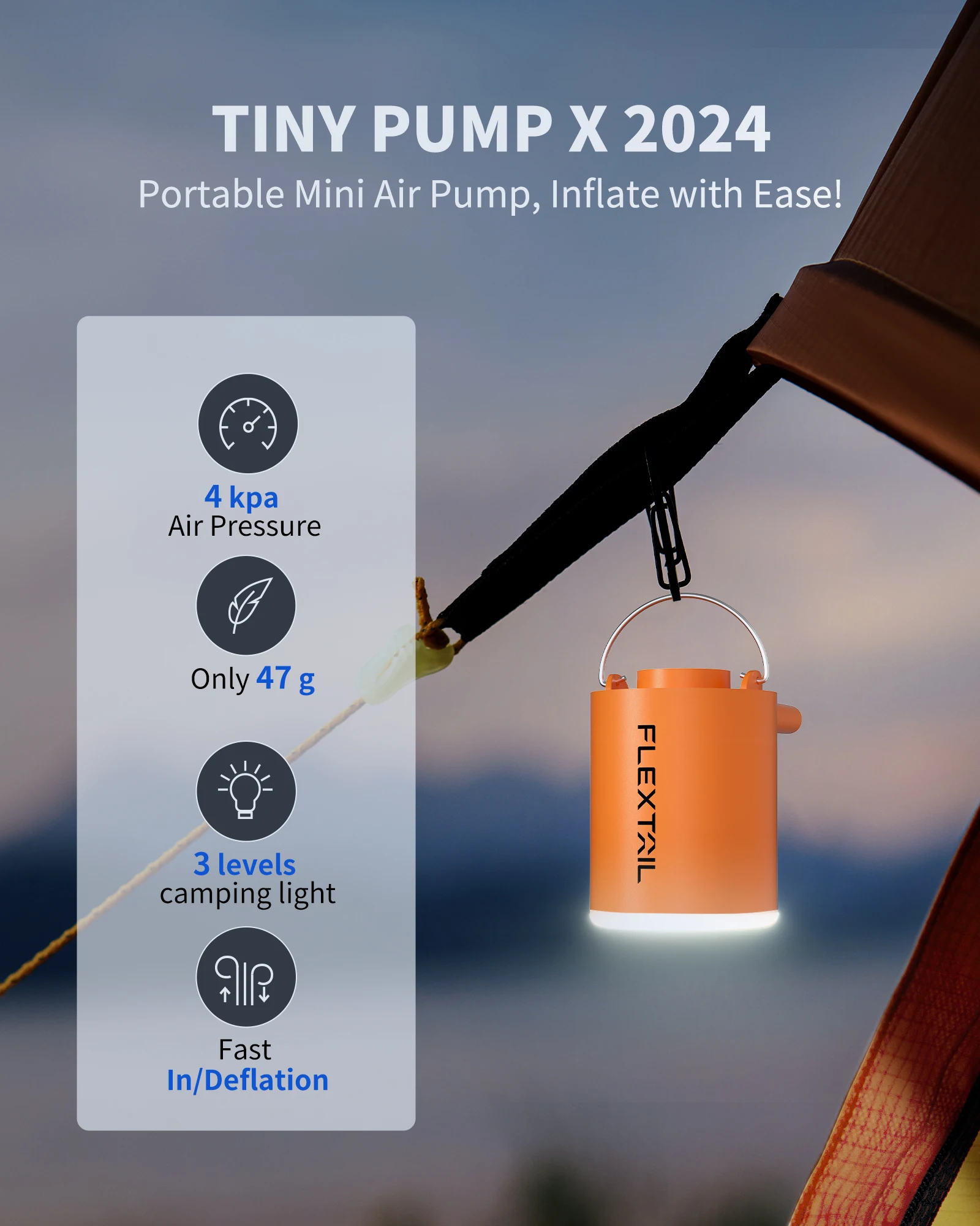 

FLEXTAILGEAR TINY PUMP X 2024 - 47g Rechargeable Mini Air Pump with Camping Light for Pool Floats Air Mattress Vacuum Bags