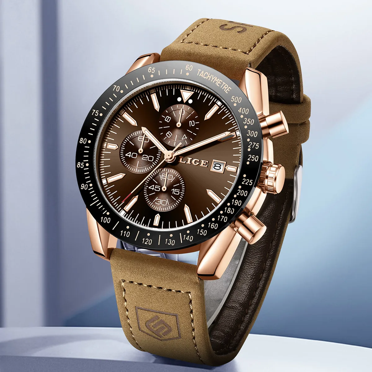 LIGE ساعات جلدية رجال الأعمال موضة 30 متر مقاوم للماء كوارتز ساعة اليد كرونوغراف تاريخ فاخر مضيئة ساعة رياضية للرجال + صندوق