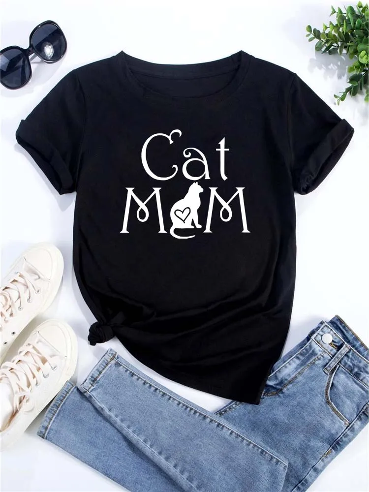 New Cute Love Heart Cat Print Women T-Shirt Casual Short Sleeve Top Summer Odzież damska Cartoon Streetwear Y2k Clothes