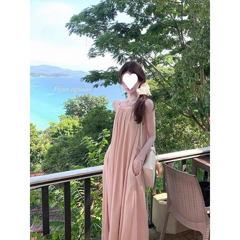 Dresses Spring Summer Basics Daily Folds Plain Sleeveless Scoop Neck Maxi Cami Vacation Dresses For Women