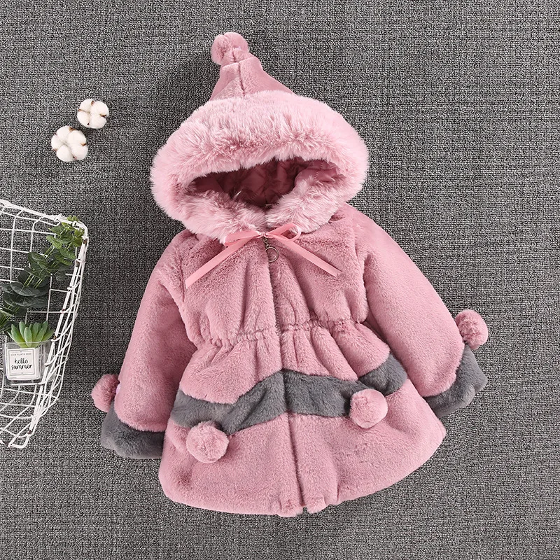 Girls Winter Warm Chiffon Fur Hooded Jacket coat Thickened 1-7Year old Beibei Korean version Fashion leisure Children's clothing