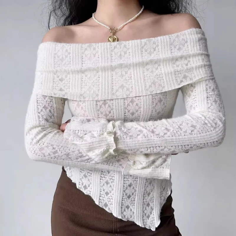 Women Clothing Sexy Off Shoulder Lace Hollow Out Asymmetrical T-shirt Y2K Fairy Vintage Solid Long Sleeve Slim Club Tops Female