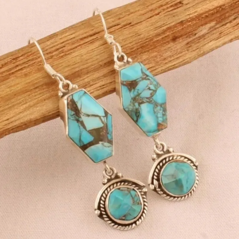 Geometrische Ohrringe im Bohemian-Stil mit synthetischem Türkis-Anhänger, Damenmode, Vintage, Bankett, Urlaub, Schmuck, Accessoires, Geschenke