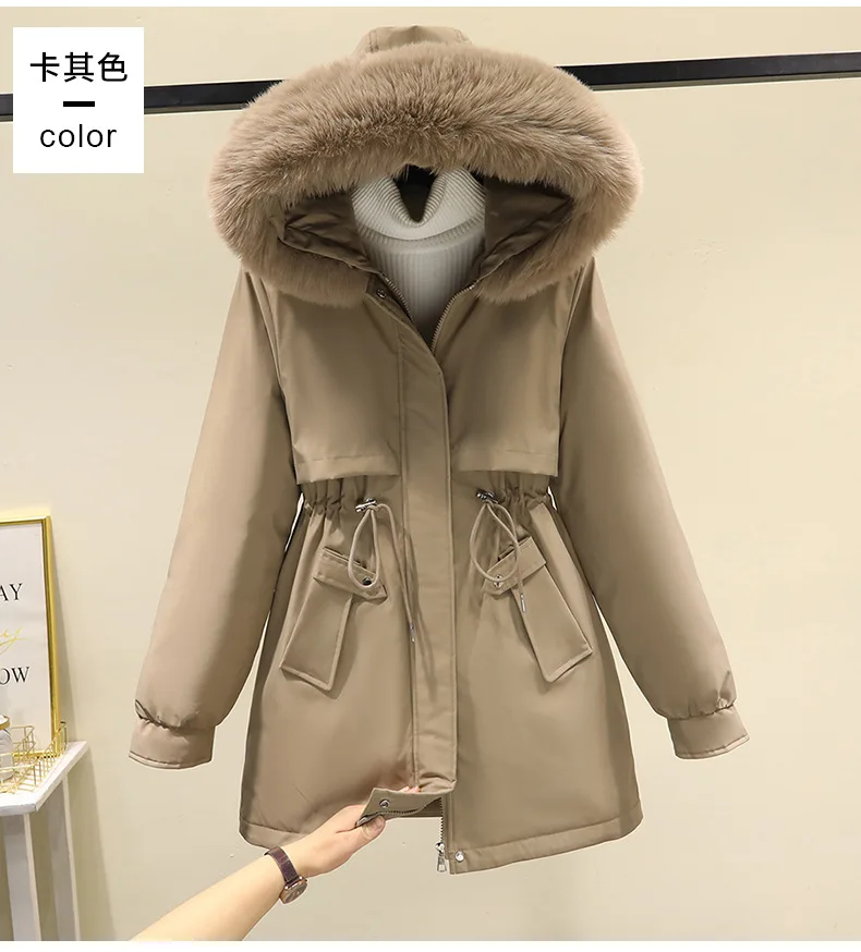 Parka com capuz com colarinho de pele grande para mulheres, casaco quente, casaco grosso, roupas de cordão, fino, inverno, novo, 2023