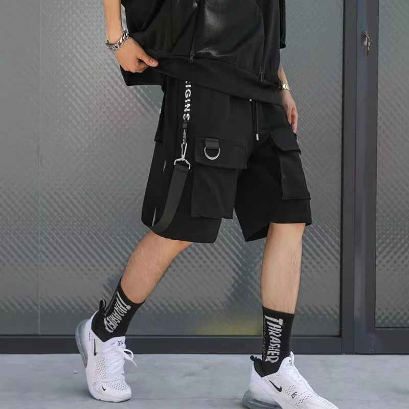 ARENS Men's Shorts Cargo Pants Man Casual Shorts Black Cargo Trousers Male Summer Gym Shorts Japanese Hip Hop Techwear Ribbons