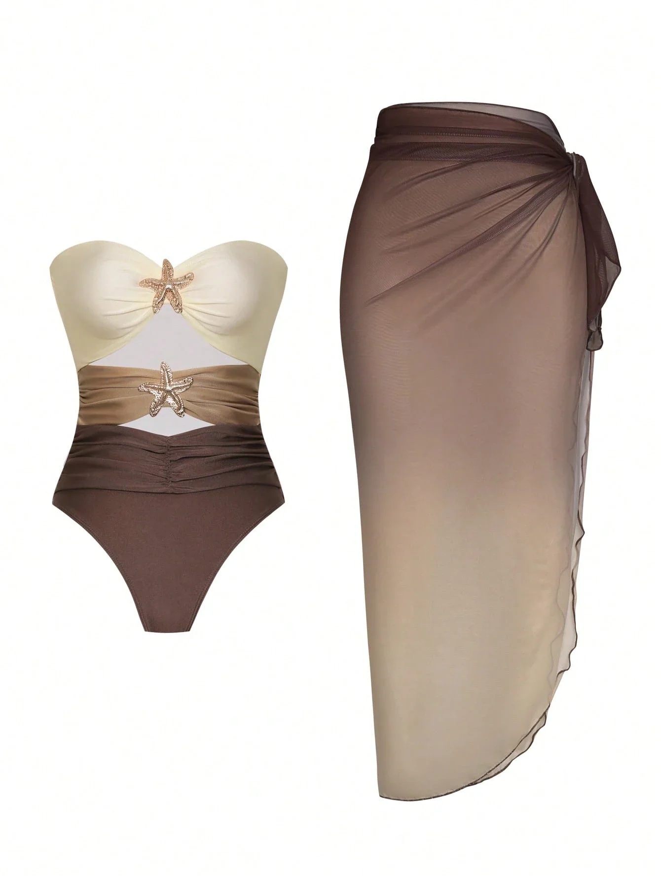 

Women's Halter Hollow-Out Patchwork Ombre Mesh Skirt Two-Piece Swimsuit Set