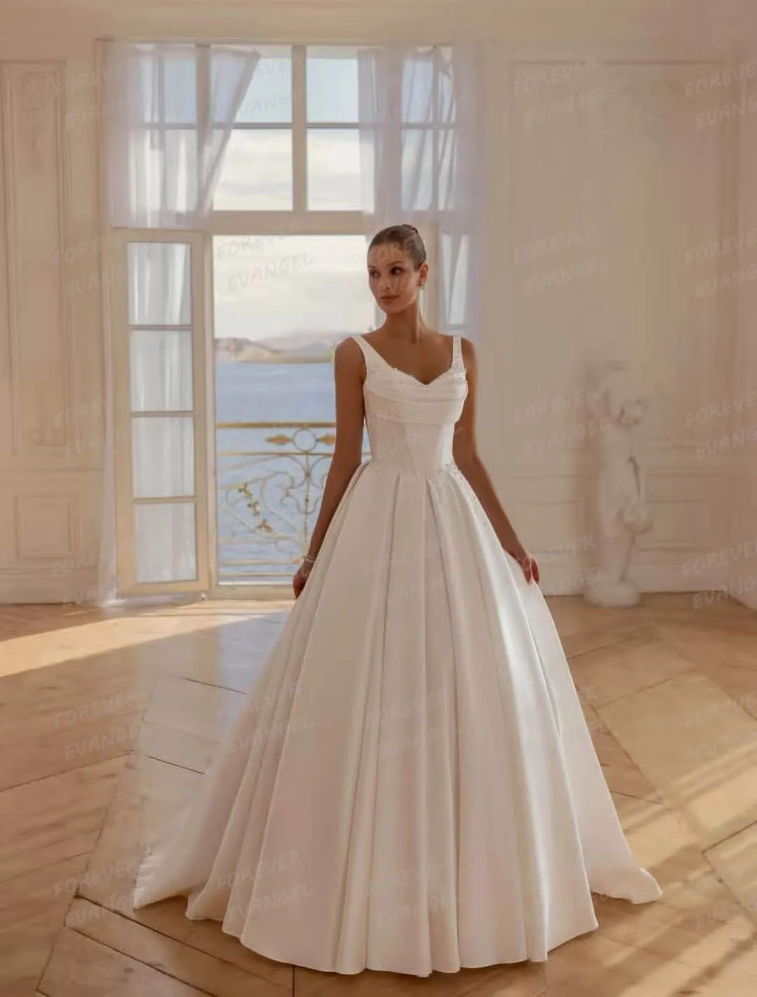 

Простые свадебные платья, женские трапециевидные платья с бусинами, милые платья невесты без рукавов с оборками, атласные платья по индивидуальному заказу, Vestidos De Novia Party