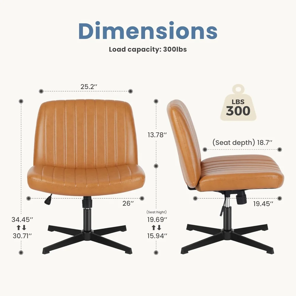 Chaise de bureau à jambes croisées sans accoudoirs, chaise de bureau large sans roues, bureau à domicile moderne, fauteuil de vanité en cuir réglable