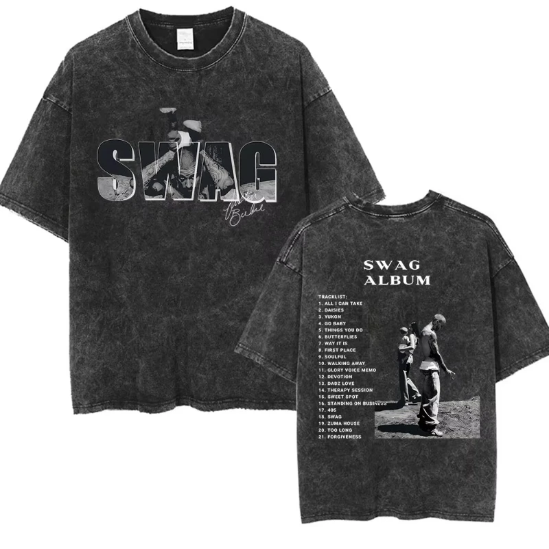 Rapper Justin Bieber SWAG Album 2025 Vintage Washed Graphic T-Shirt Woman's Hip Hop Loose Fashion Short Sleeve Streetwear